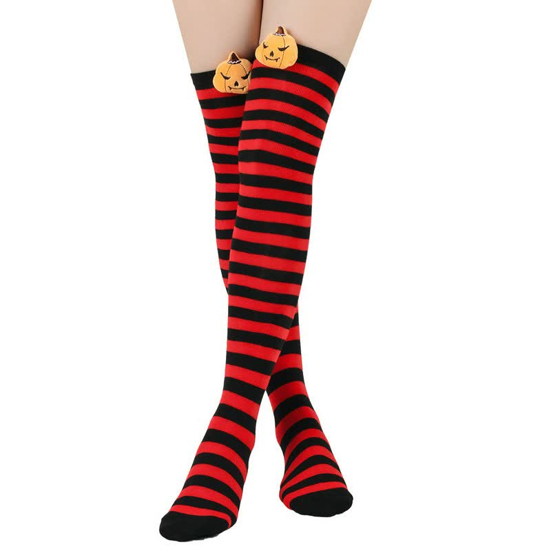 Halloween-Kürbis-Oberschenkelstrümpfe (3 Paar) - Rot - Einheitsgröße - image 0