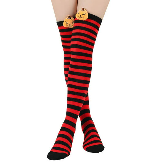 Halloween-Kürbis-Oberschenkelstrümpfe (3 Paar) - Rot - Einheitsgröße - image 0