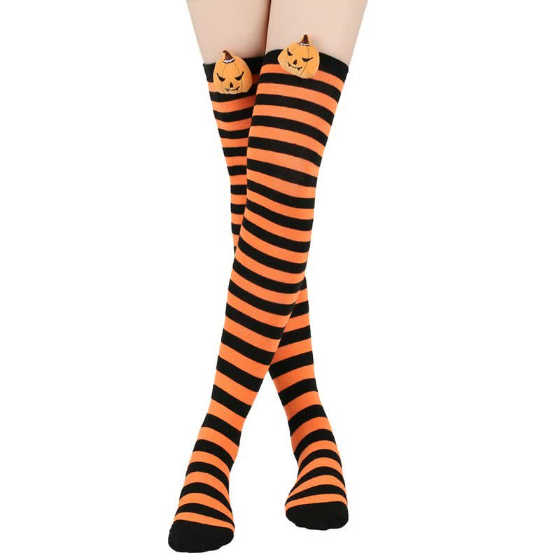 Halloween-Kürbis-Oberschenkelstrümpfe (3 Paar) - Orange-A - Einheitsgröße - image 5