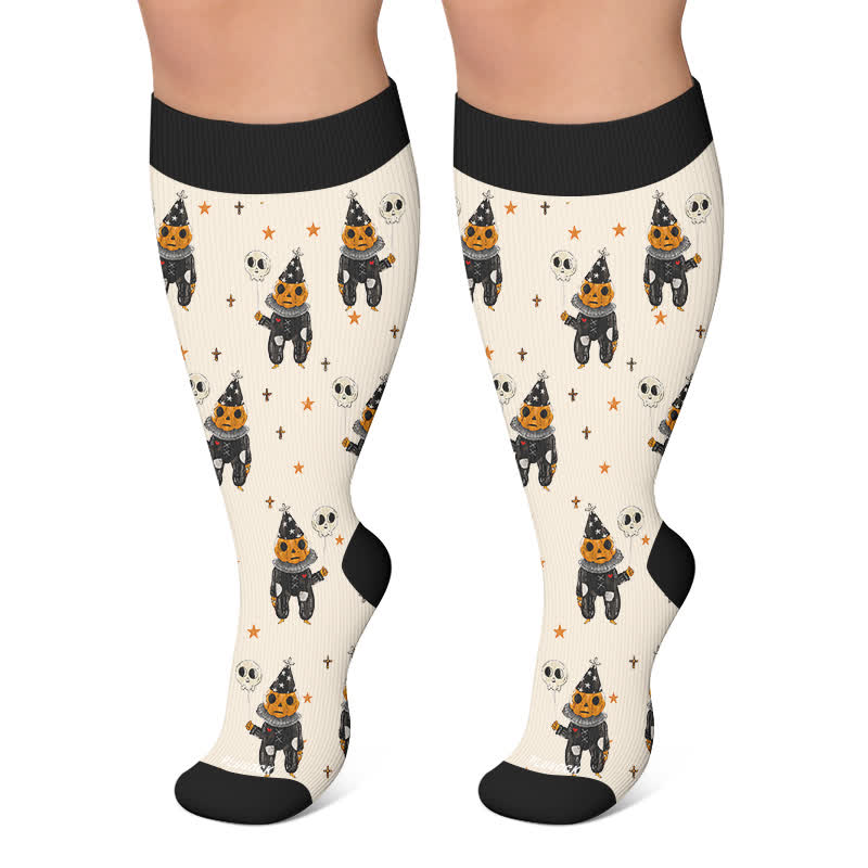 Kompressionsstrümpfe in Übergröße mit Totenkopf, Kürbis und Hase - Beige - 4XL - image 4