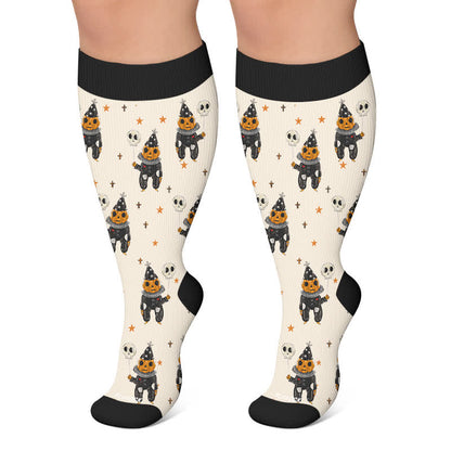 Kompressionsstrümpfe in Übergröße mit Totenkopf, Kürbis und Hase - Beige - 4XL - image 4