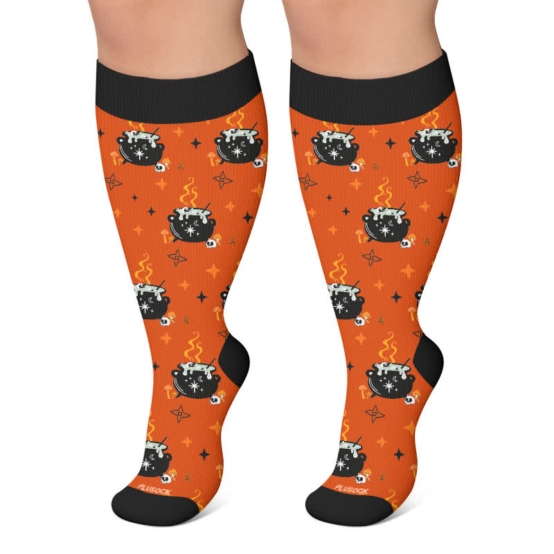Plus Size Ghost Witch Black Cat Kompressionsstrümpfe - Orange - 4XL - image 6