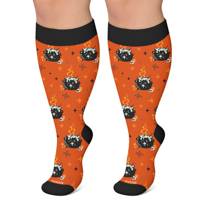 Plus Size Ghost Witch Black Cat Kompressionsstrümpfe - Orange - 4XL - image 6