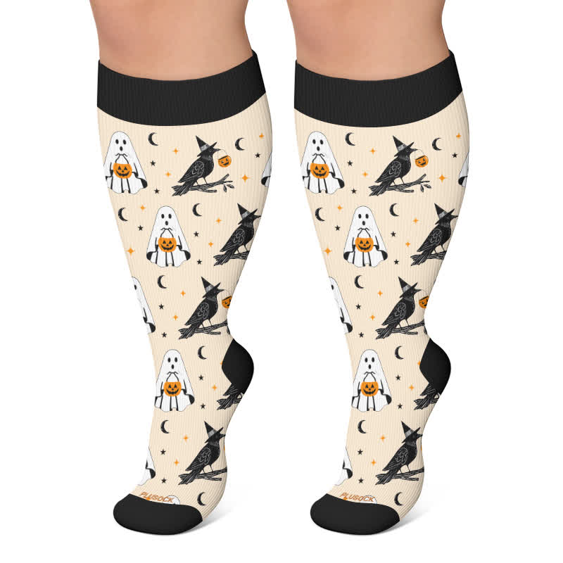 Plus Size Ghost Witch Black Cat Kompressionsstrümpfe - Beige - 4XL - image 4