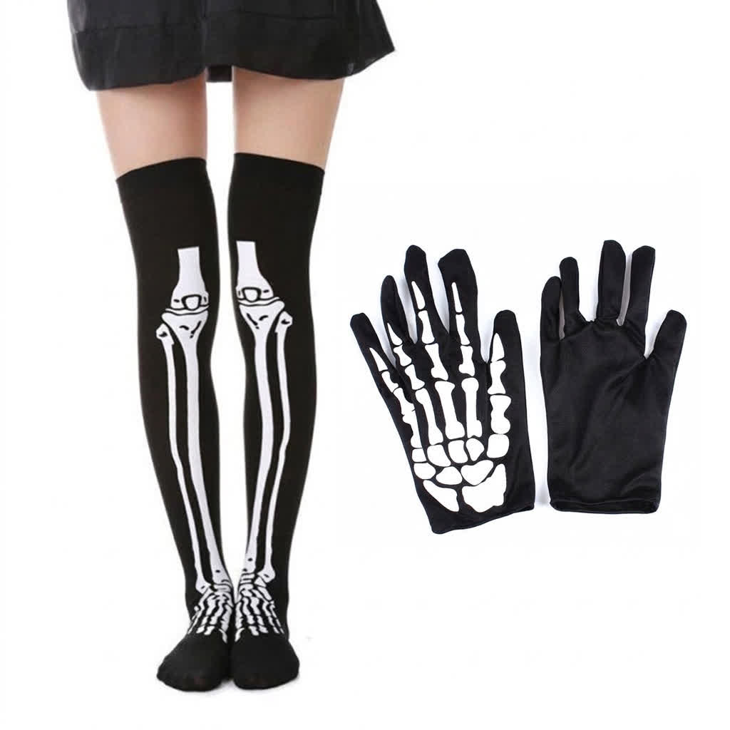 Halloween-Skelett-Oberschenkelstrümpfe und passende Handschuhe Set - Kurzes Set - EU36-43 (US3-9) - image 0