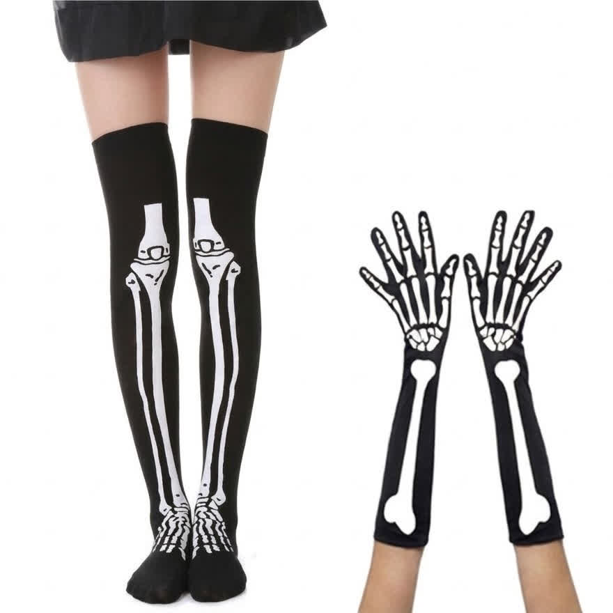 Halloween-Skelett-Oberschenkelstrümpfe und passende Handschuhe Set - Mittlerer Satz - EU36-43 (US3-9) - image 1