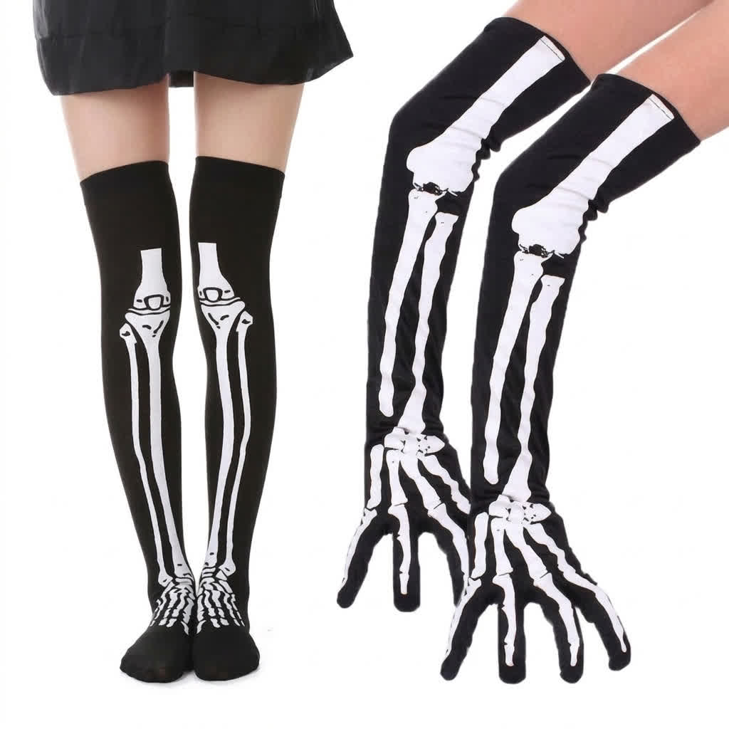 Halloween-Skelett-Oberschenkelstrümpfe und passende Handschuhe Set - Langes Set - EU36-43 (US3-9) - image 2