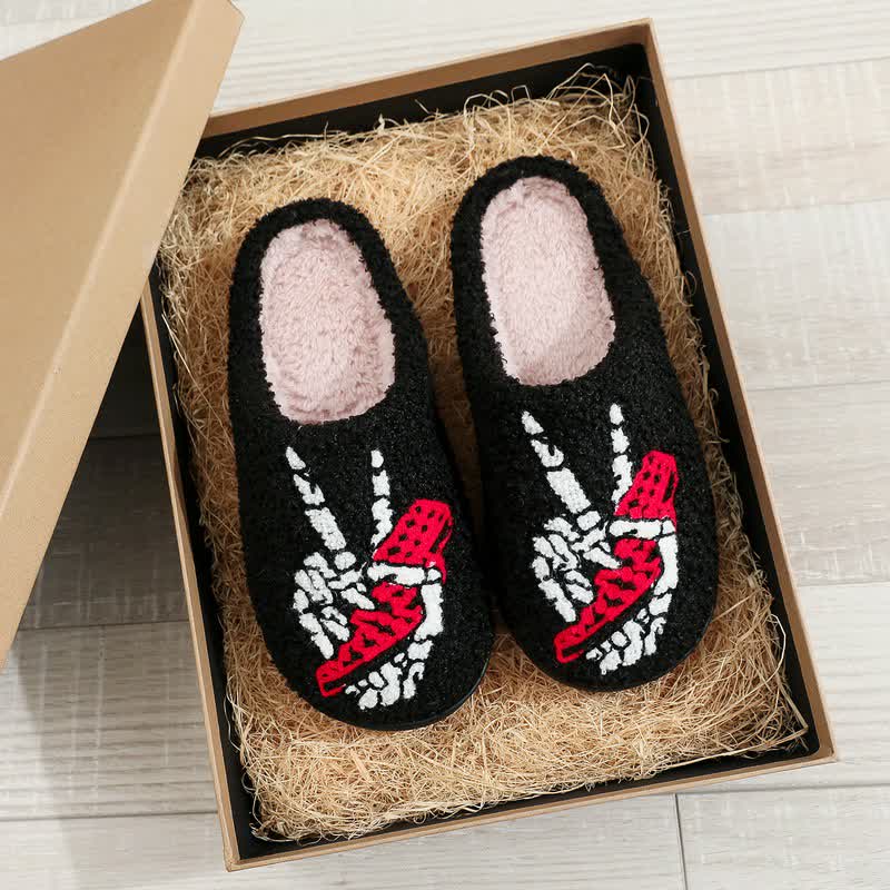 Halloween-Skelett-Hand-Friedenszeichen-Pantoffeln - Schwarz - EU44-45 (US10-11) - image 0