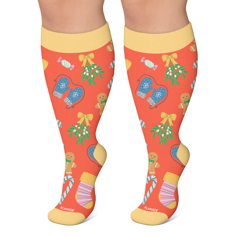 Weihnachts-Kompressionsstrümpfe in Übergröße mit Zuckerstangenmotiv - Orange - 4XL - image 5