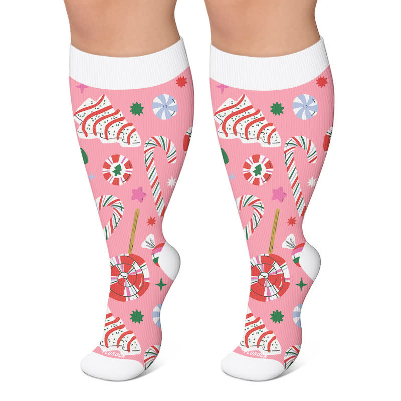 Weihnachts-Kompressionsstrümpfe in Übergröße mit Zuckerstangenmotiv - Rosa - 4XL - image 4