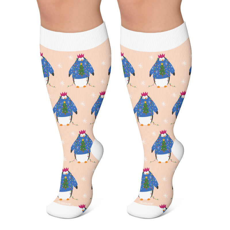 Weihnachts-Pinguin-Kompressionsstrümpfe in Übergröße - Rosa - 4XL - image 5