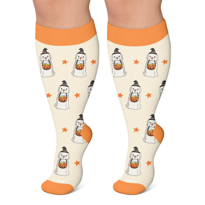 Plus Size Ghosts Pumpkins Campfire Kompressionsstrümpfe - Beige - 4XL - image 5