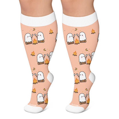 Plus Size Ghosts Pumpkins Campfire Kompressionsstrümpfe - Rosa - 4XL - image 6