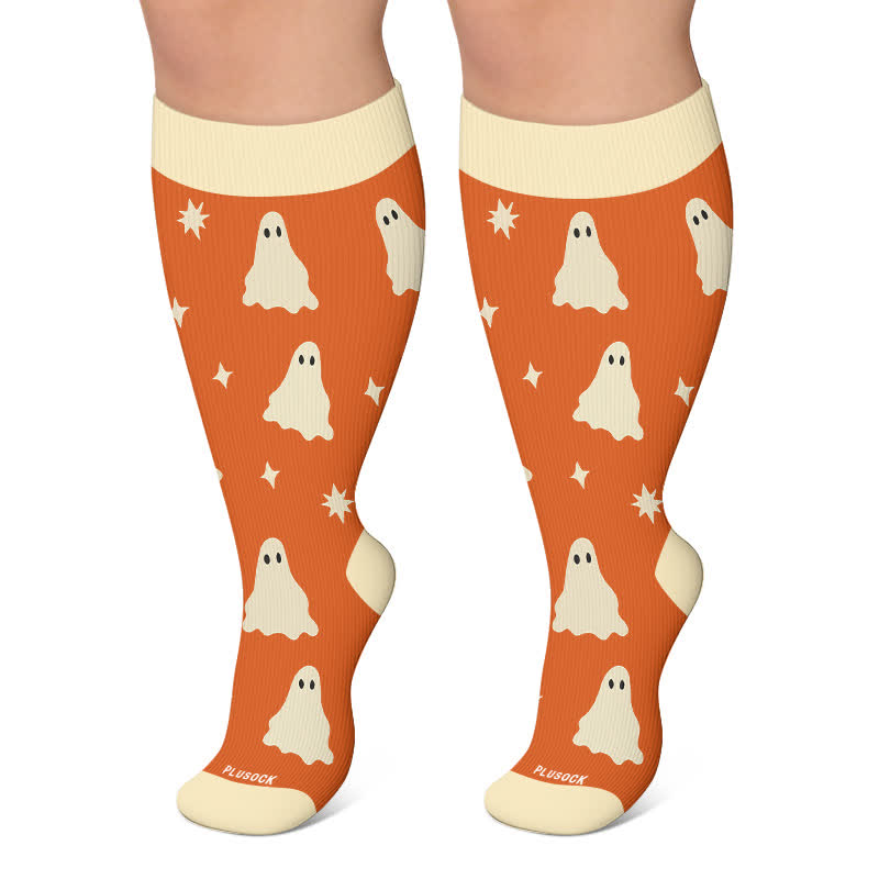 Plus Size Ghosts Pumpkins Campfire Kompressionsstrümpfe - Orange - 4XL - image 4