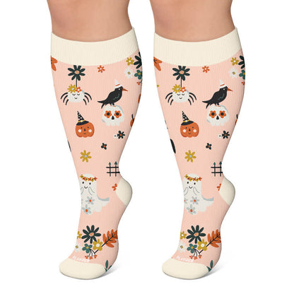 Kompressionsstrümpfe mit Kürbismotiv und schwarzen Katzenmotiv in Übergröße - Rosa - 4XL - image 6