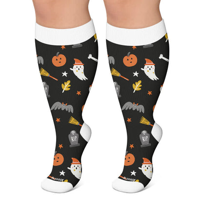 Kompressionsstrümpfe mit Kürbismotiv und schwarzen Katzenmotiv in Übergröße - Schwarz - 4XL - image 5