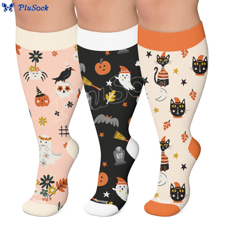 Kompressionsstrümpfe mit Kürbismotiv und schwarzen Katzenmotiv in Übergröße - image 0