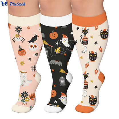 Kompressionsstrümpfe mit Kürbismotiv und schwarzen Katzenmotiv in Übergröße - image 0