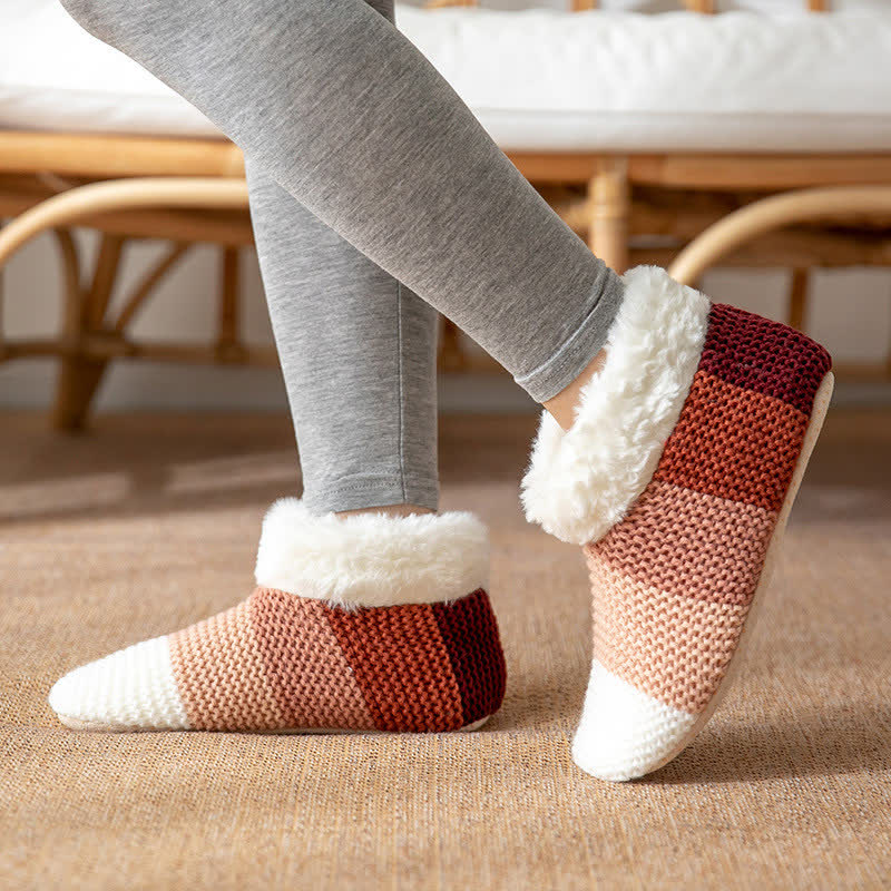 Farblich gestreifte Fleece-Haussocken mit Bündchen - Rot - EU36-42 (US3-8,5) - image 0