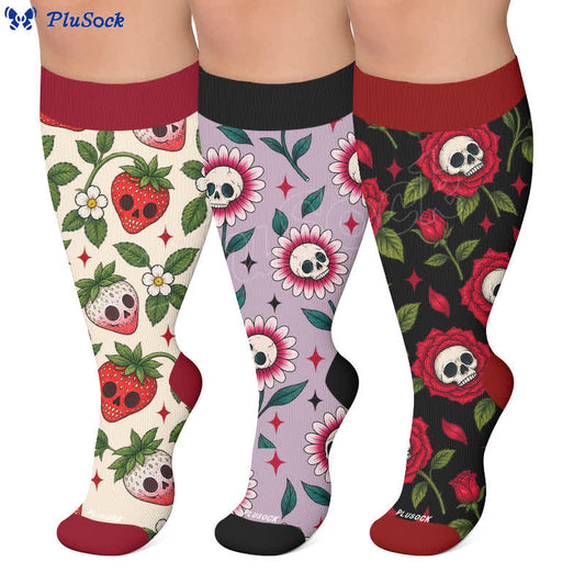 Kompressionsstrümpfe in Übergröße mit Blumenmuster, Erdbeeren und Totenkopf - image 0