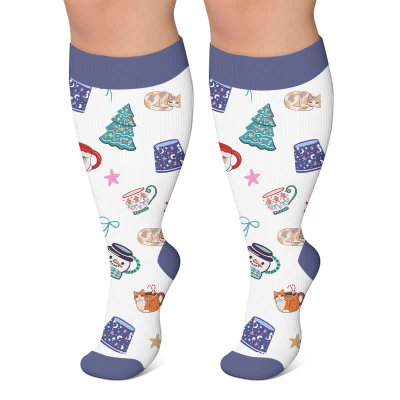 Weihnachts-Schläfrige-Katze-Kakao-Tassen-Kompressionsstrümpfe - Weiß - 4XL - image 5