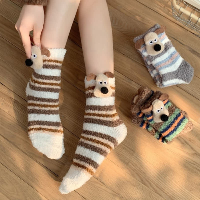 Gestreifte, flauschige Socken mit Welpenohren (4 Paar) - image 2