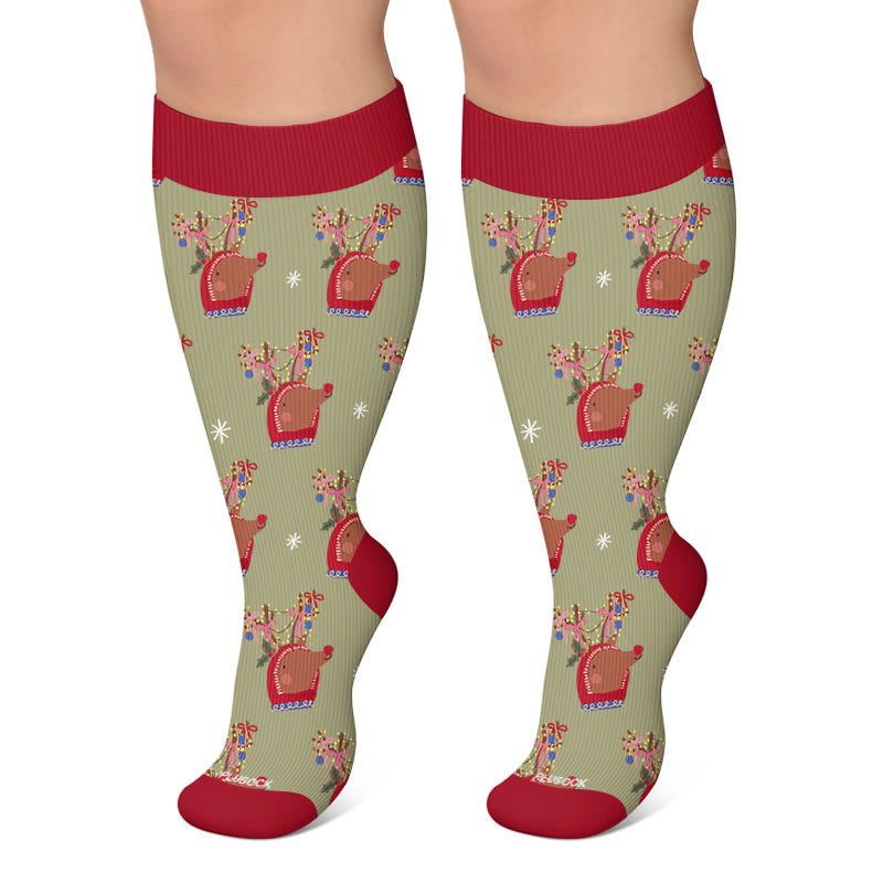 Weihnachtskompressionsstrümpfe in Übergröße mit Tiermotiven - Grün - 4XL - image 6