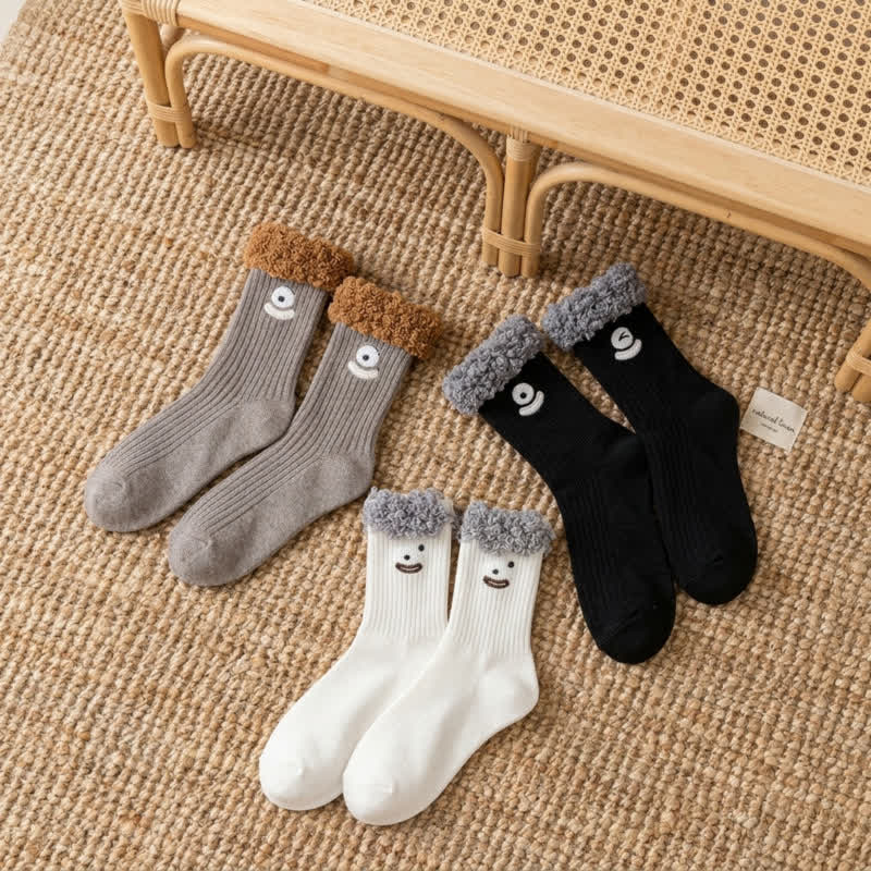 Viertelsocken mit niedlichem, lächelndem Gesicht (3 Paar) - Braun + Beige + Schwarz - EU36-42 (US3-8,5) - image 1