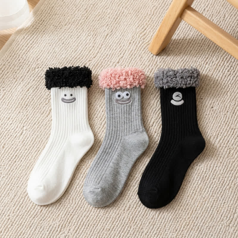 Viertelsocken mit niedlichem, lächelndem Gesicht (3 Paar) - Grau + Schwarz + Weiß - EU36-42 (US3-8,5) - image 2