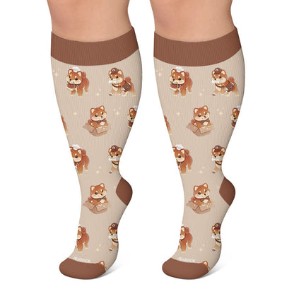 Kompressionsstrümpfe mit Katzen- und Welpenmotiv in Übergröße - Braun - 4XL - image 4