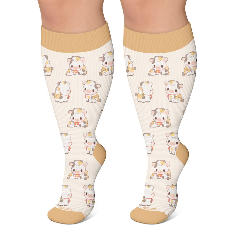 Niedliche Kompressionsstrümpfe mit Kuh- und Schafmotiv in Übergröße - Aprikose - 4XL - image 5