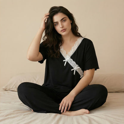 Plus Size Pyjama-Set aus weichrosa Spitzenbesatz - Schwarz - 4XL - image 4
