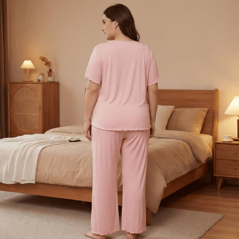 Plus Size Pyjama-Set aus weichrosa Spitzenbesatz - image 2
