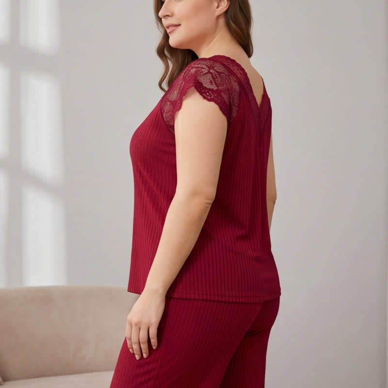Pyjama-Set mit geripptem Spitzenbesatz und V-Ausschnitt - image 7