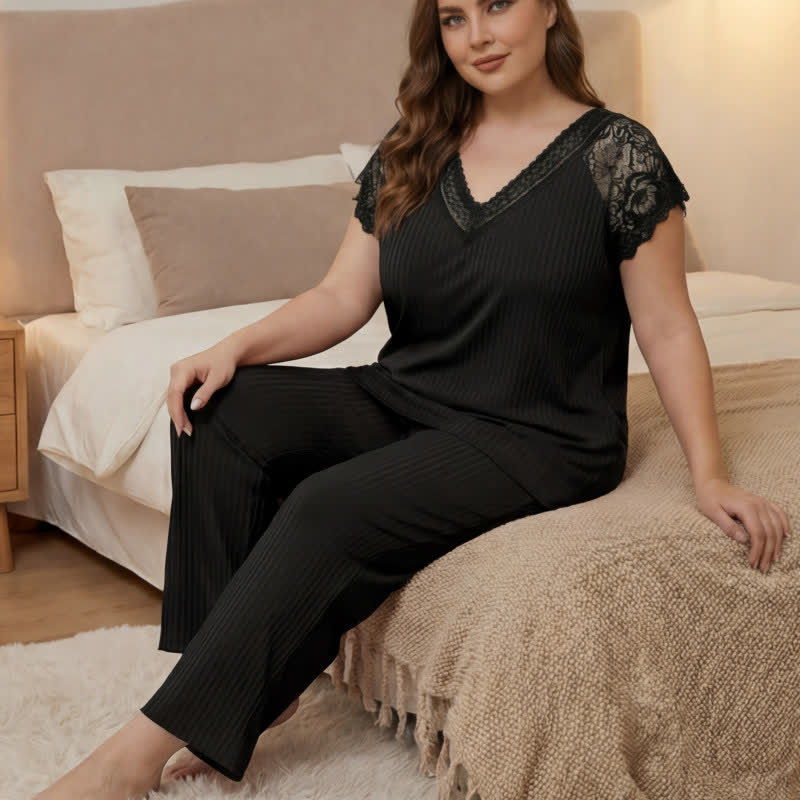 Pyjama-Set mit geripptem Spitzenbesatz und V-Ausschnitt - image 3