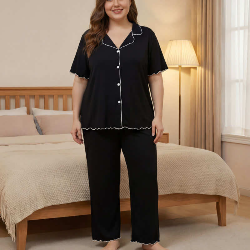 Pyjama-Set in Übergröße mit Kontrastbesatz - Schwarz - 4XL - image 2