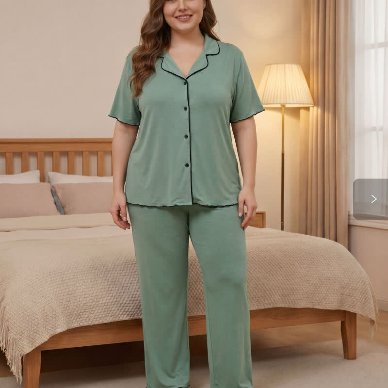 Pyjama-Set in Übergröße mit Kontrastbesatz - Grün - 4XL - image 13