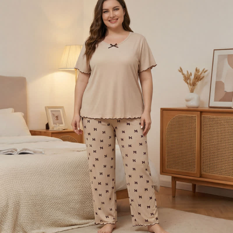 Pyjama-Set mit Schleifenmuster in Übergröße - Beige - 4XL - image 0