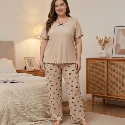 Pyjama-Set mit Schleifenmuster in Übergröße - Beige - 4XL - image 0