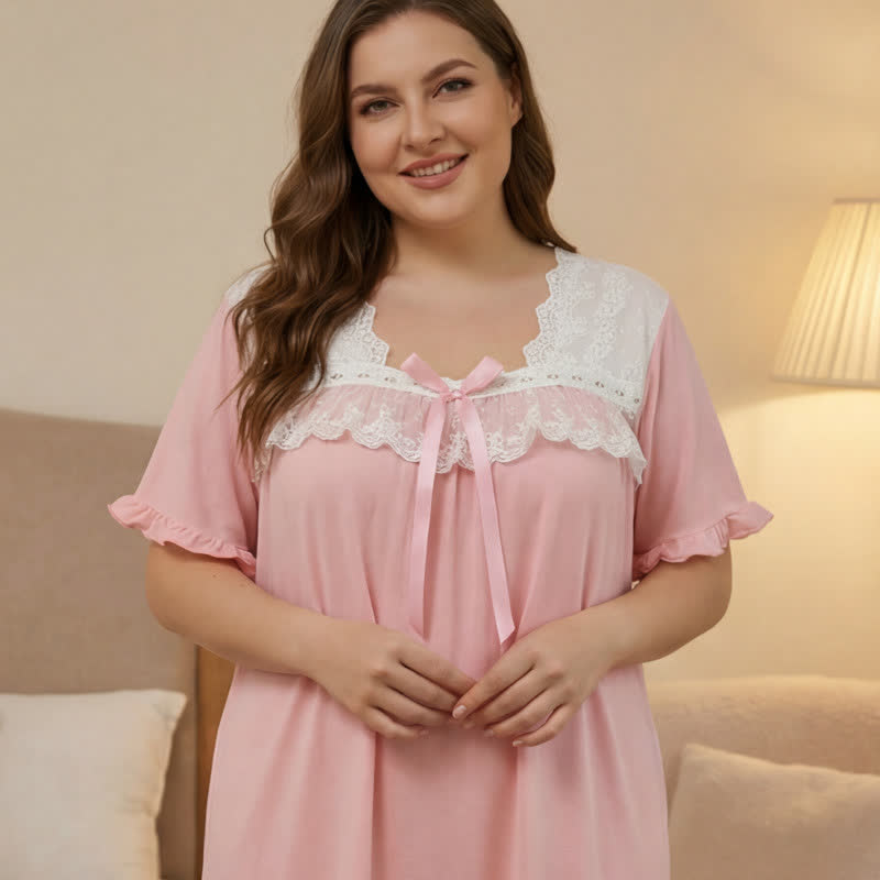 Loungewear mit Schleifen-Spitzenbesatz - Rosa - 4XL - image 0