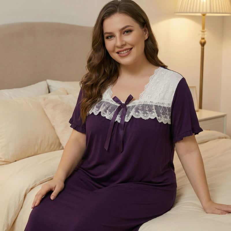 Loungewear mit Schleifen-Spitzenbesatz - Lila - 4XL - image 7