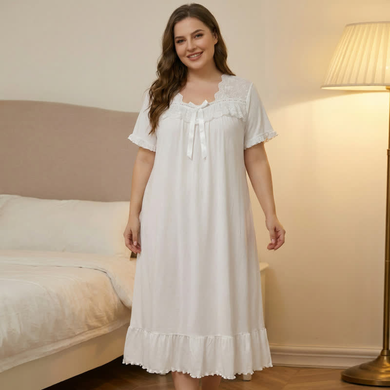 Loungewear mit Schleifen-Spitzenbesatz - Weiß - 4XL - image 4
