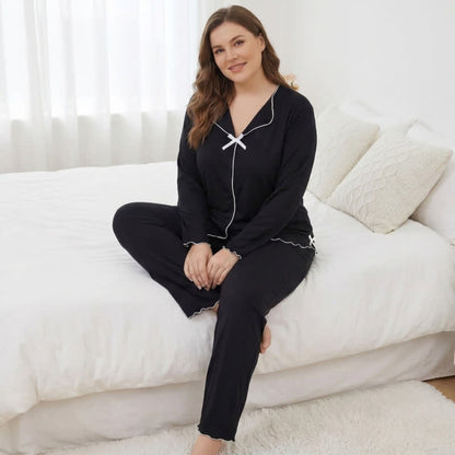 Pyjama-Set mit Schleife und langen Ärmeln - Schwarz - 4XL - image 3