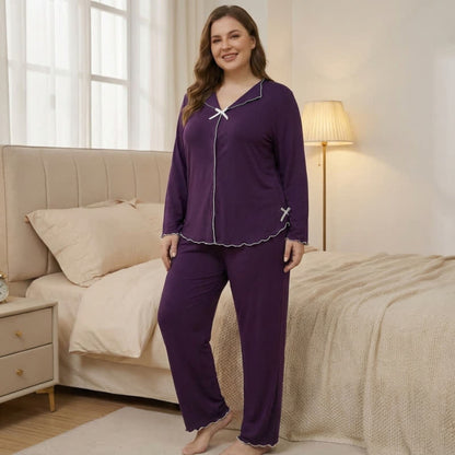 Pyjama-Set mit Schleife und langen Ärmeln - Lila - 4XL - image 2