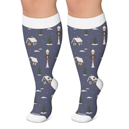 Weihnachtsdorf-Kompressionsstrümpfe in Übergröße - Dunkelblau - 4XL - image 5