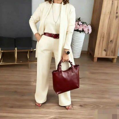 Dreiteiliges Loungewear-Set aus Tencel-Mischgewebe mit Gürtel und weitem Bein - Beige - 5XL - image 3