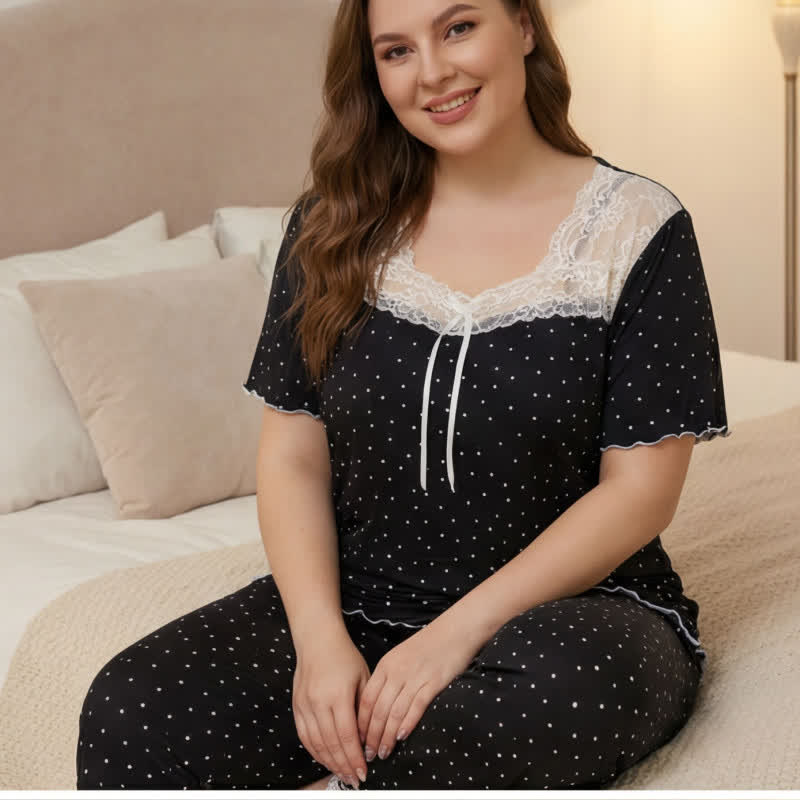 Weiches Pyjama-Set mit Polka-Dot-Spitze - Schwarz - 4XL - image 1