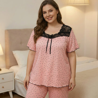 Weiches Pyjama-Set mit Polka-Dot-Spitze - Rosa - 4XL - image 0