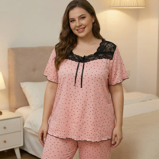 Weiches Pyjama-Set mit Polka-Dot-Spitze - Rosa - 4XL - image 0