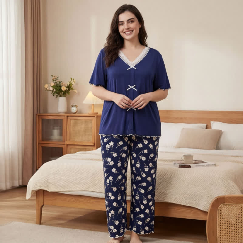 Pyjama-Set mit Blumen-Spitzenschleife - Marine - 4XL - image 0